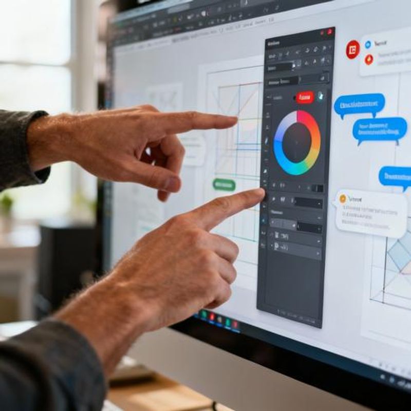 Designer demonstrating real-time collaborative features on a large monitor