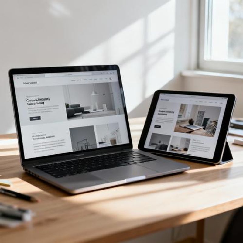 Clean design portfolio website displayed on laptop and tablet screens showing case studies