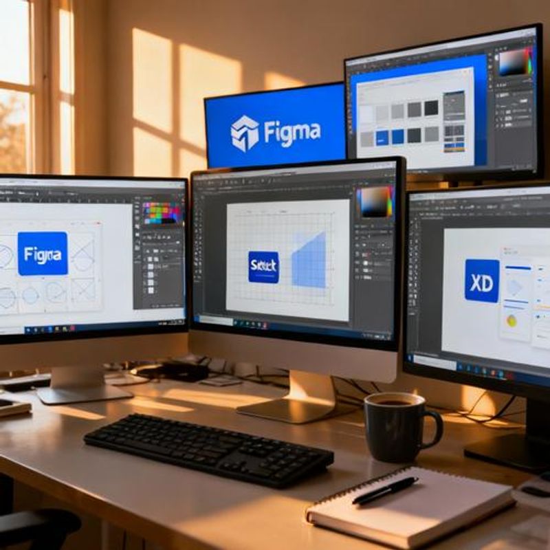 Various UI/UX design tool interfaces displayed on computer screens