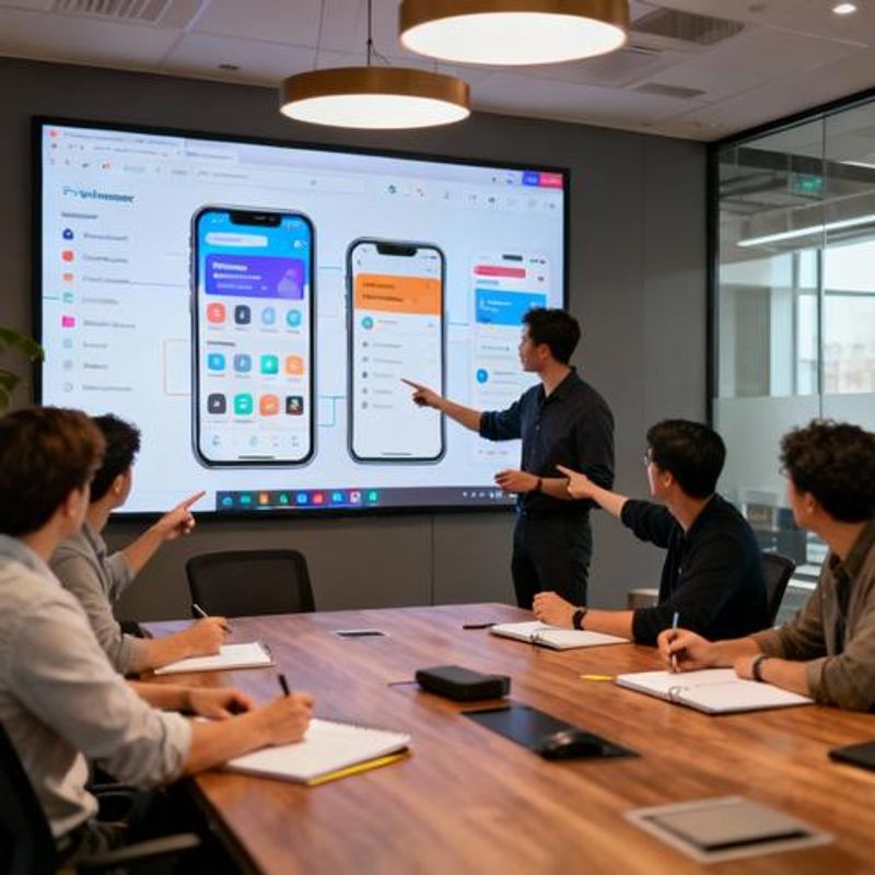 Product manager presenting interactive prototype on large screen to development team in meeting room