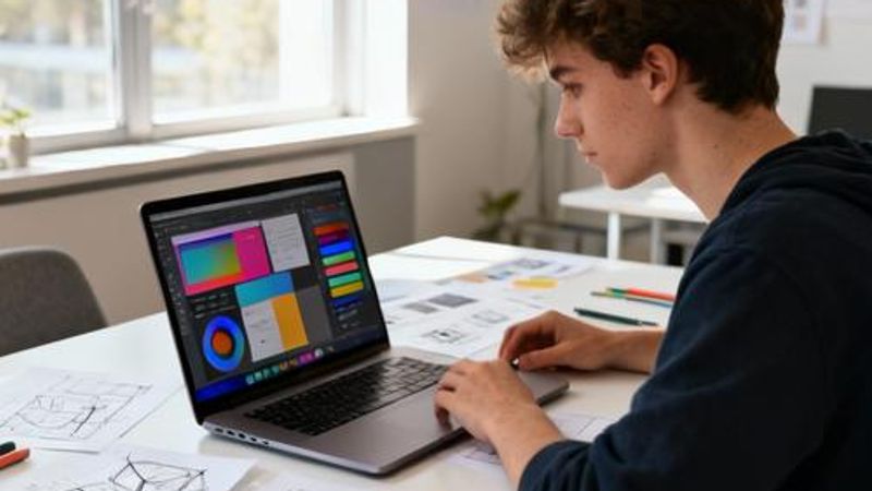 Design student working on UI design projects with multiple design tools on laptop screen