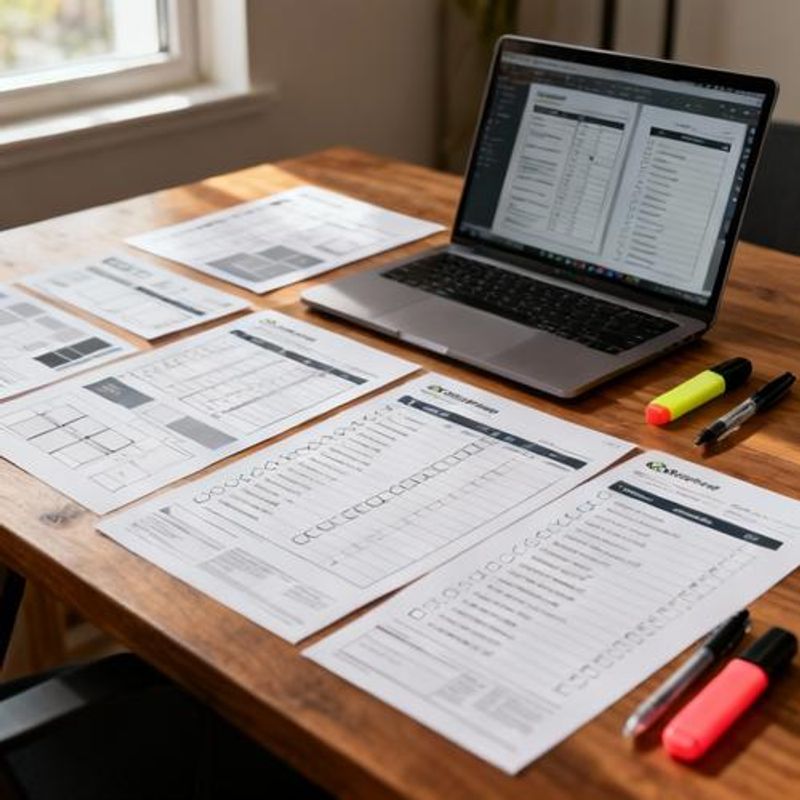 Template examples for design documentation spread across a desk