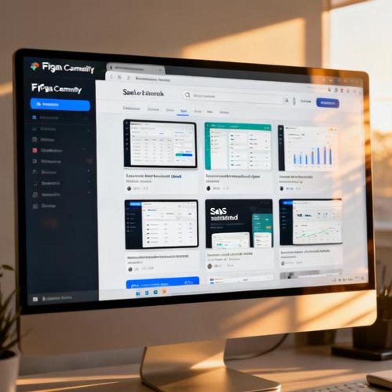 Split screen showing Figma Community interface with SaaS mockup search results