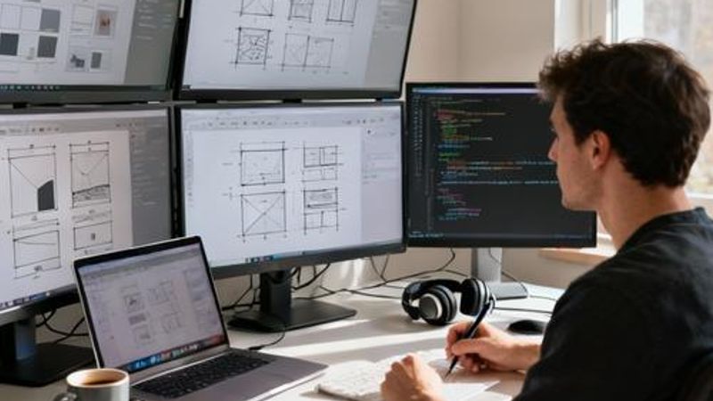 Independent developer working with multiple design tools on computer screens