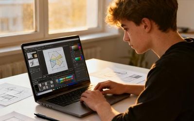 Design student working on laptop with multiple digital design tools displayed on screen