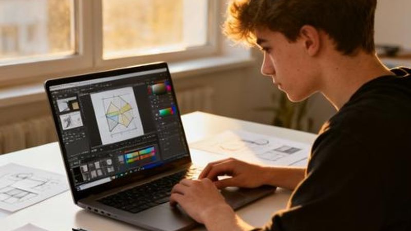 Design student working on laptop with multiple digital design tools displayed on screen