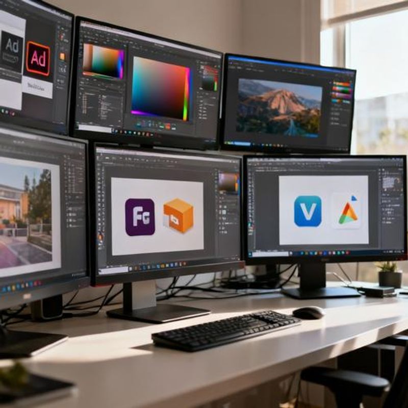 Collection of popular design software interfaces on computer screens