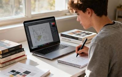 Design student working on laptop with design tools and resources on screen