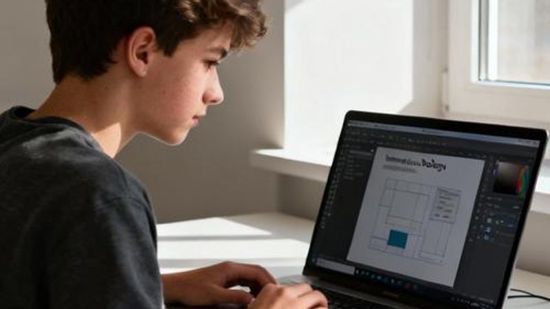 Design student working on laptop with instructional design software interface visible on screen