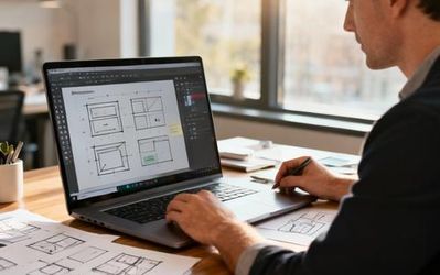 Product manager reviewing multiple prototyping tools on a laptop screen with design wireframes and sketches on desk