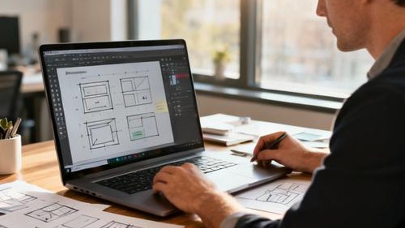 Product manager reviewing multiple prototyping tools on a laptop screen with design wireframes and sketches on desk