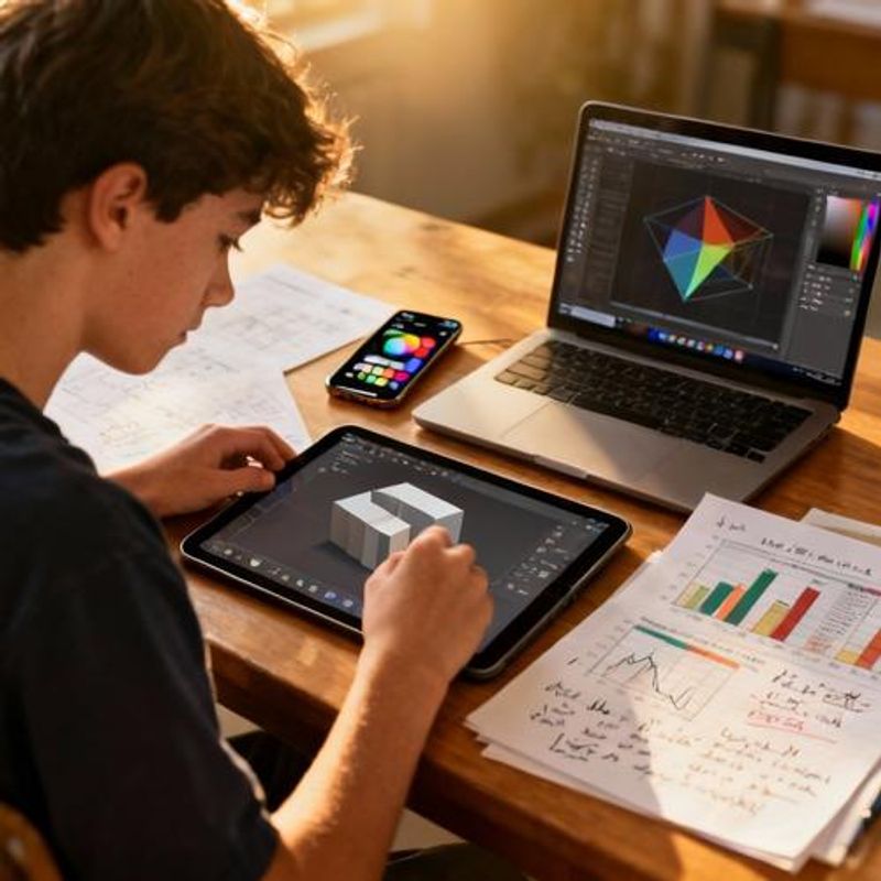 Student comparing different design tools on multiple devices