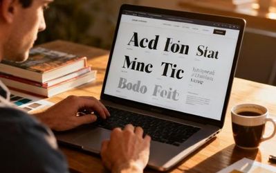 Designer working on typography layout for portfolio website on laptop screen