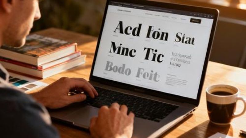 Designer working on typography layout for portfolio website on laptop screen
