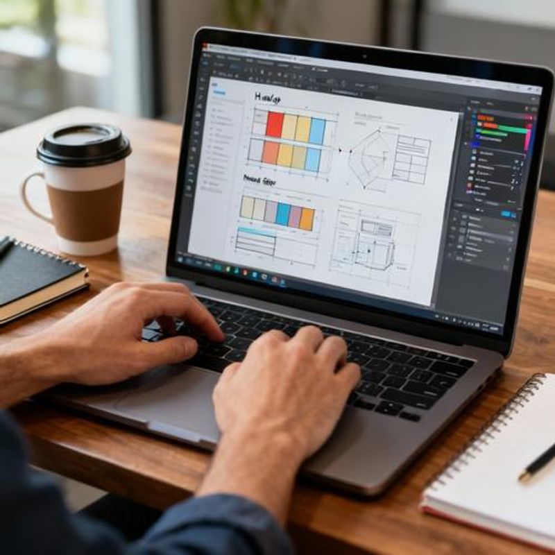 Close-up of hands working on design specifications and code handoff documentation on a laptop screen