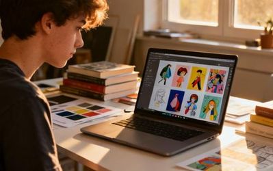 Design student working on laptop with colorful illustrations displayed on screen
