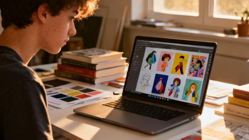 Design student working on laptop with colorful illustrations displayed on screen