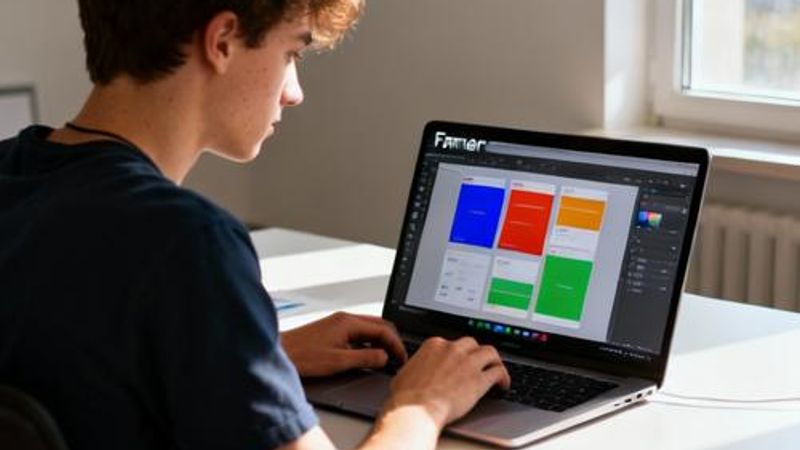 Design student working on interactive prototypes using Framer on a laptop