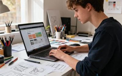 Young design student working on laptop with multiple design tools displayed on screen