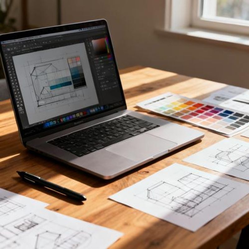 Professional design workspace with multiple software tools open