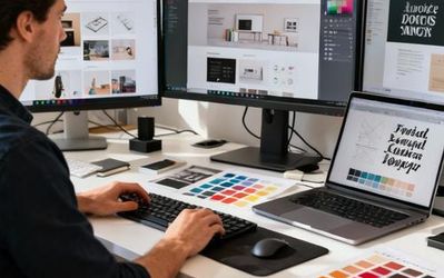 Professional designer working on multiple screens showing various design websites and resources