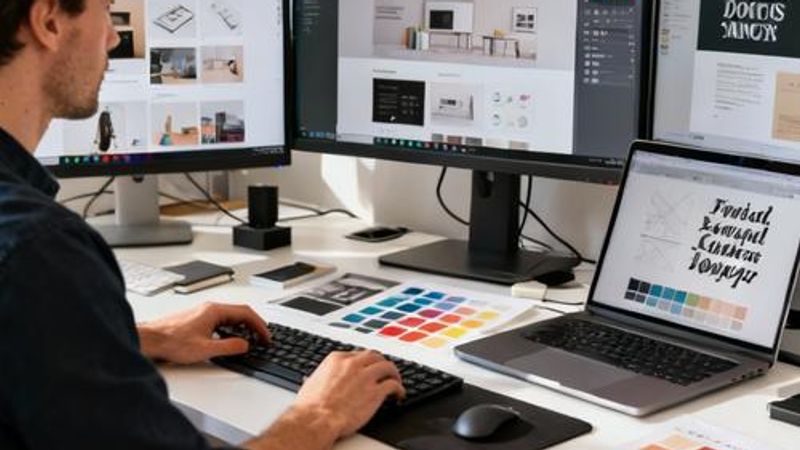 Professional designer working on multiple screens showing various design websites and resources