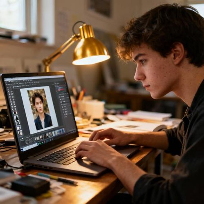 Student using GIMP software for photo editing project