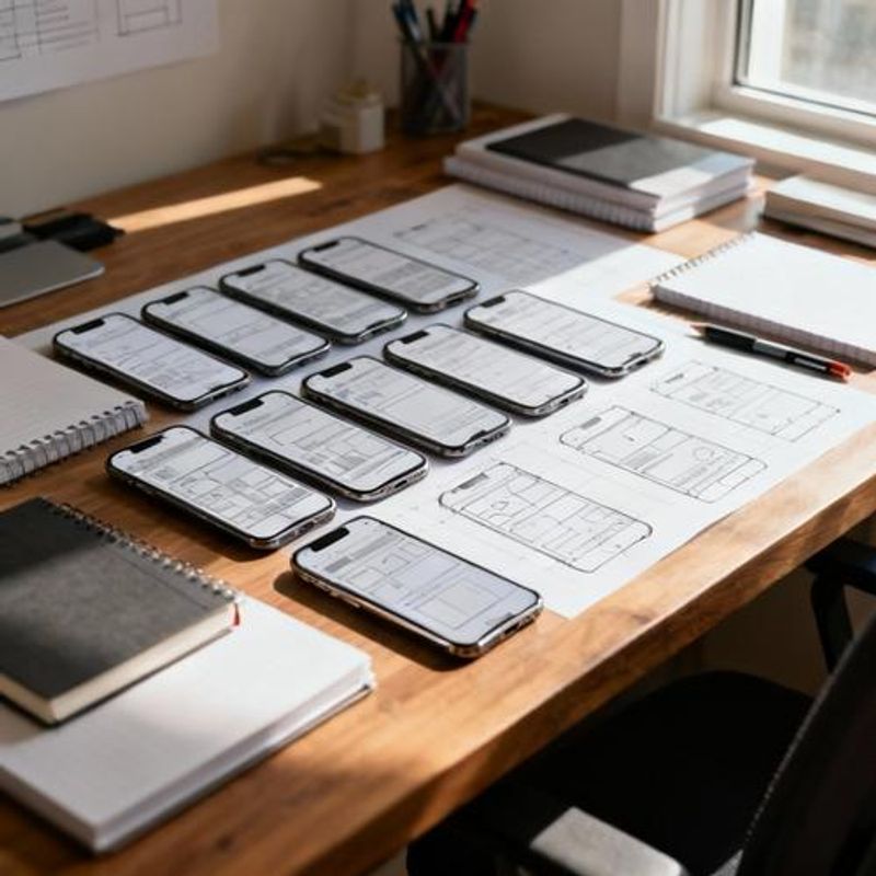 Digital wireframe templates displayed on multiple mobile device mockups