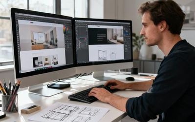 Professional web designer working with multiple design tools on dual monitors in modern office
