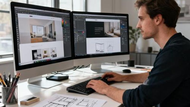Professional web designer working with multiple design tools on dual monitors in modern office