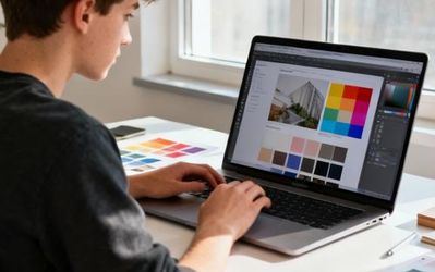 Design student browsing inspiration websites on laptop with colorful design samples displayed on screen