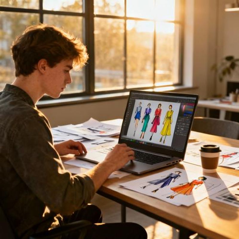 Fashion design student using digital design software on laptop