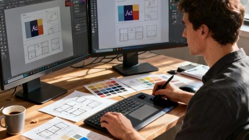 Professional web designer working on multiple monitors with design tools and sketches on a clean desk setup