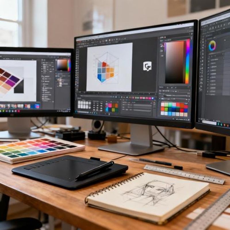 Collection of modern design tools and software interfaces displayed on computer screens