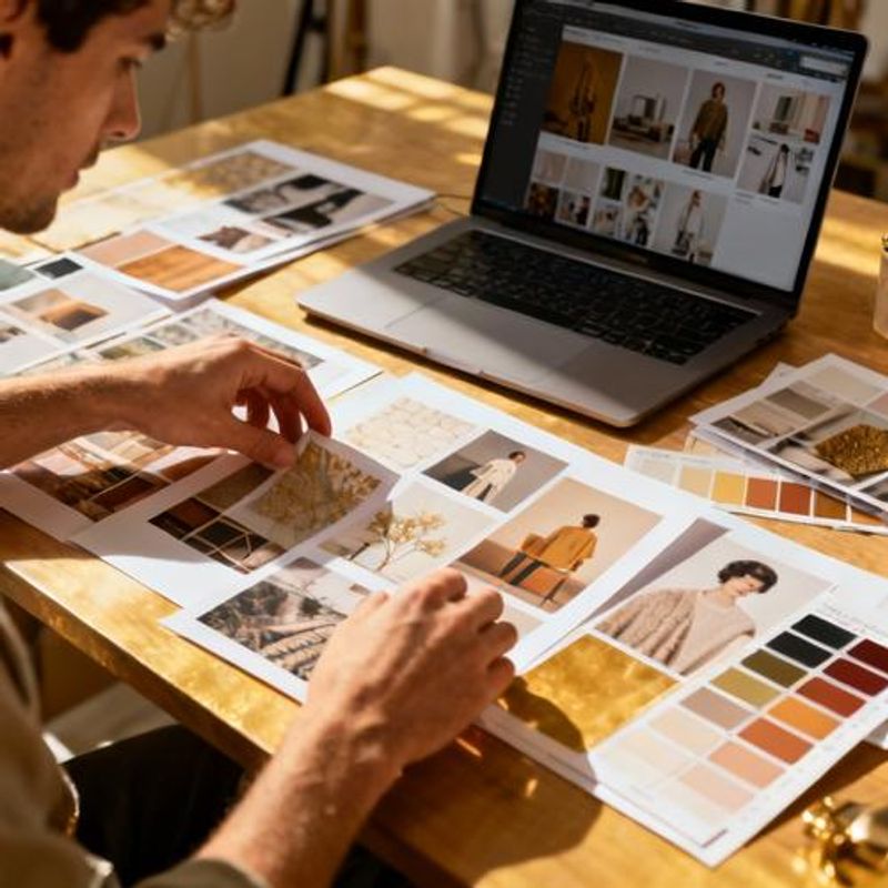 Designer organizing inspiration materials with mood boards and digital references