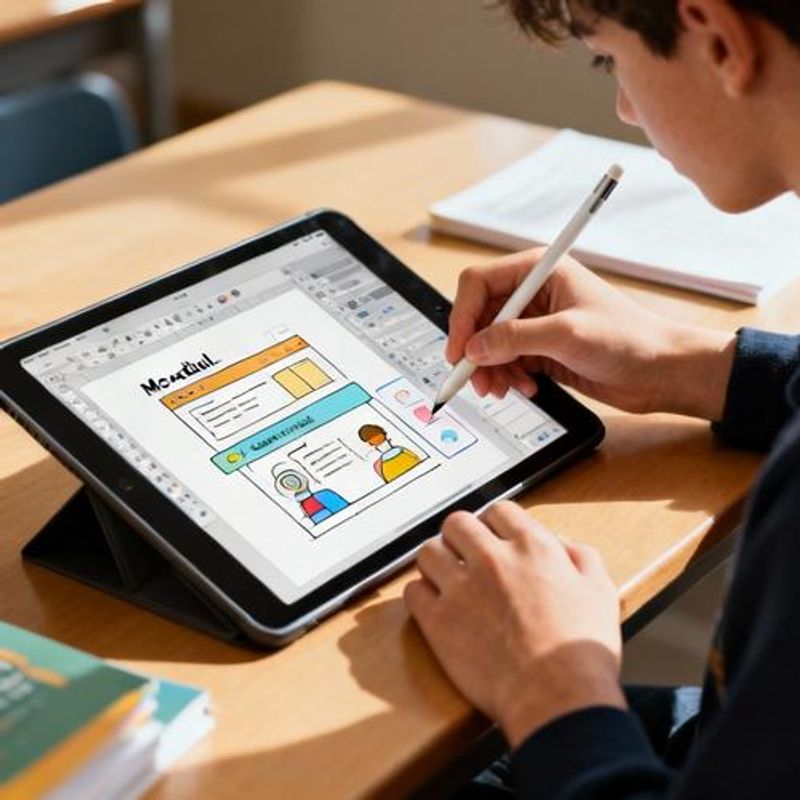 Student's hands working on tablet creating interactive learning content with design tools