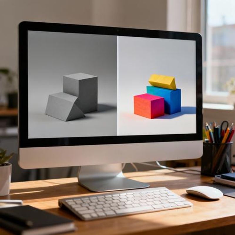 Before and after comparison showing basic 3D shapes transformed with materials and lighting