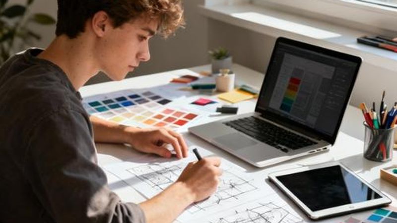 Design student working with various creative tools and resources on a modern workspace