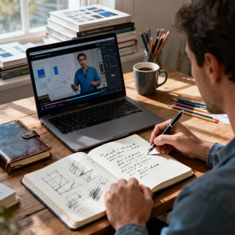 Designer learning from online tutorial while taking notes
