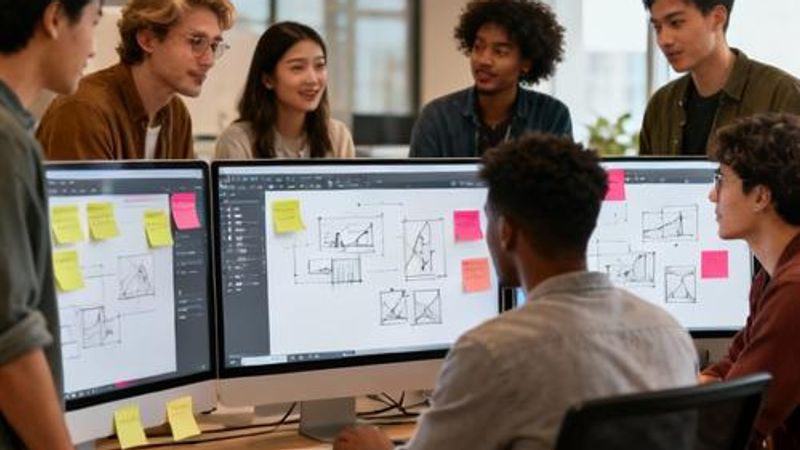 Design team collaborating on digital whiteboard comparing Miro and Mural interfaces