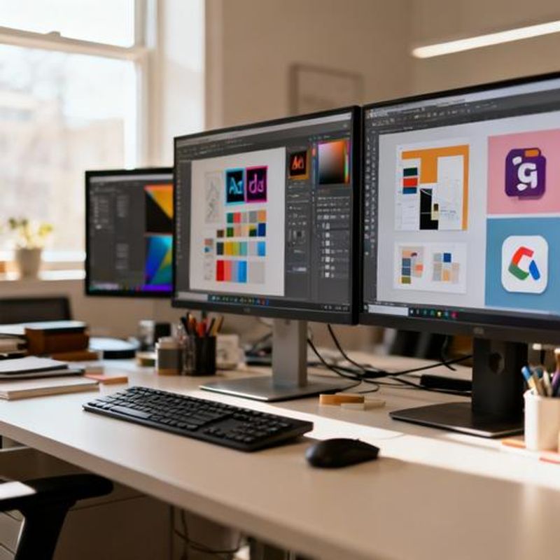 Various design tools and software interfaces displayed on screens