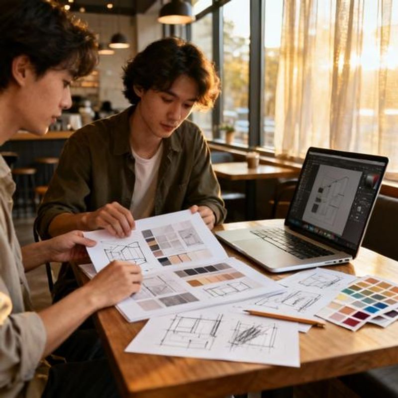 Design student portfolio review session with mentor