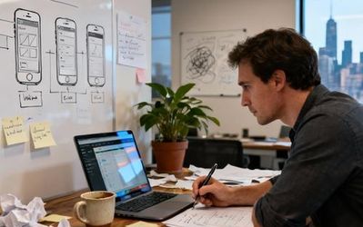 Product manager sketching mobile app wireframes on paper at a modern office desk