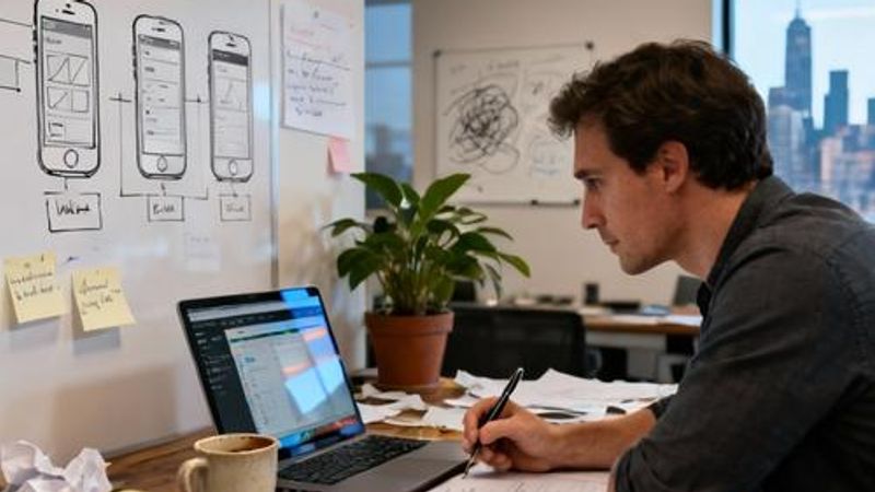 Product manager sketching mobile app wireframes on paper at a modern office desk