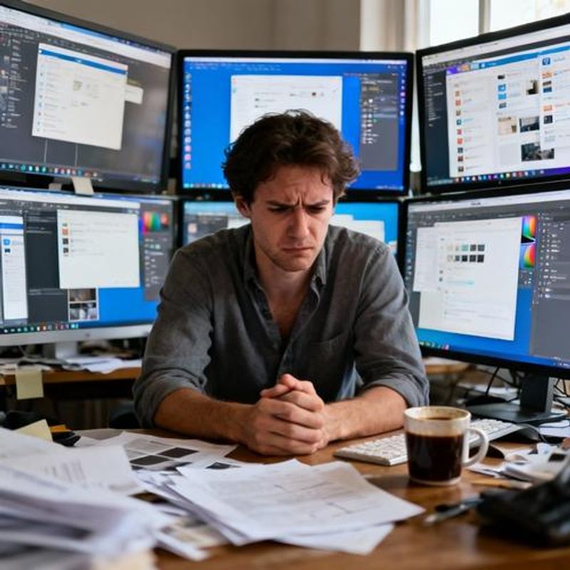 Overwhelmed designer surrounded by too many design tools and software interfaces