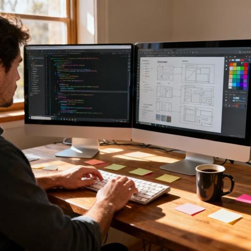 Developer reviewing design system components on multiple screens