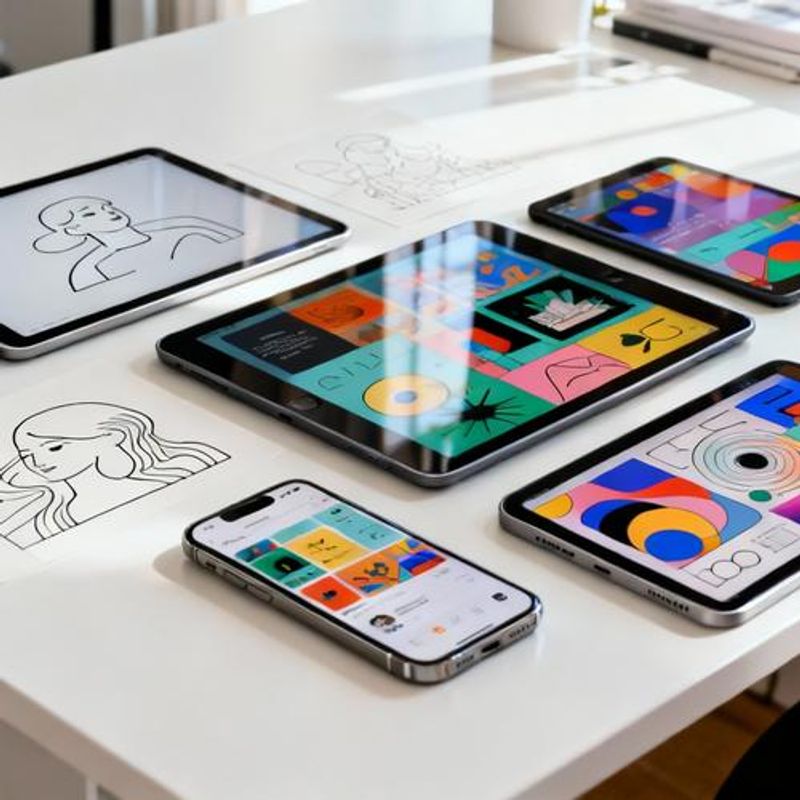Various illustration styles displayed on tablet and smartphone screens