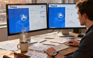 Designer working with AI tools on multiple screens showing Freepik interface
