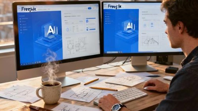 Designer working with AI tools on multiple screens showing Freepik interface