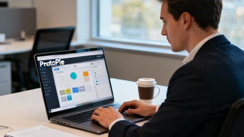 Product manager learning ProtoPie on laptop with prototyping interface visible